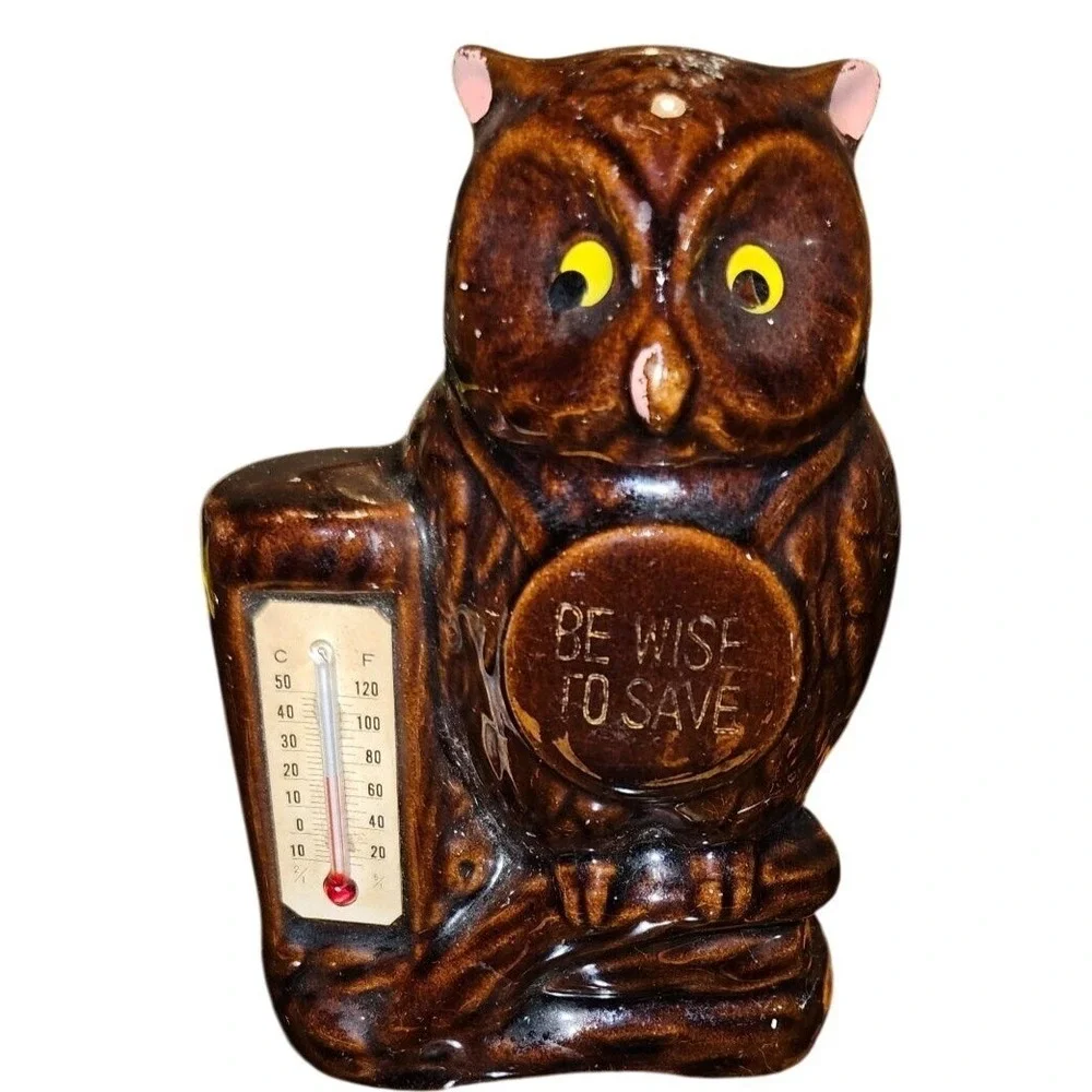 Vintage Bank Ceramic Owl Coin Brown With Thermometer 